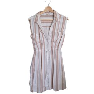 Japna | Striped Button Up Elastic Waist Lightweight Shirt Dress Pockets